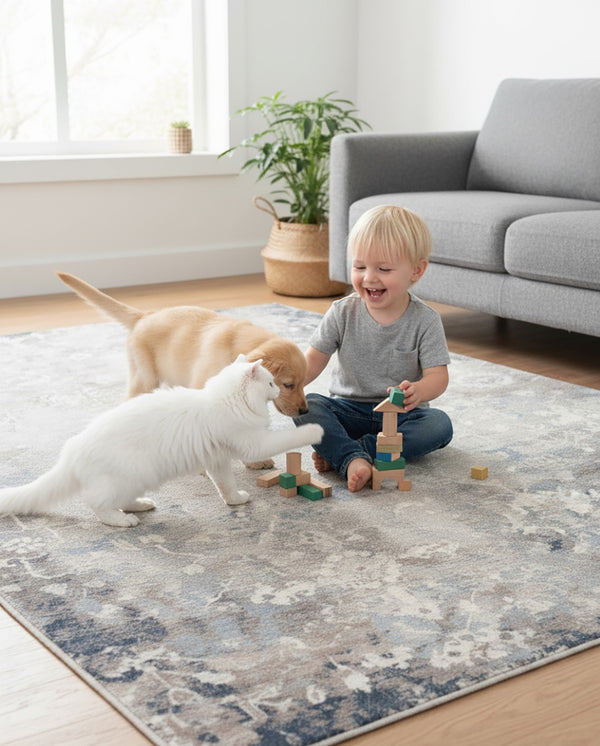 HomeRoots 2' Navy and Beige Distressed Vines Runner Rug - Timeless Floral Design for Hallways and Entryways 5' x 8' 390181