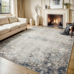 HomeRoots 2' Navy and Beige Distressed Vines Runner Rug - Timeless Floral Design for Hallways and Entryways 8' x 11' 390182