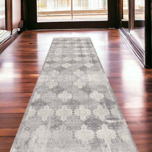 HomeRoots 2' Gray Distressed Trellis Pattern Runner Rug - Stylish, Durable, and Easy to Maintain for Any Space 2' x 13' 390199