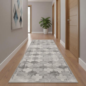HomeRoots 2' Gray Distressed Trellis Pattern Runner Rug - Stylish, Durable, and Easy to Maintain for Any Space 2' x 15' 390200