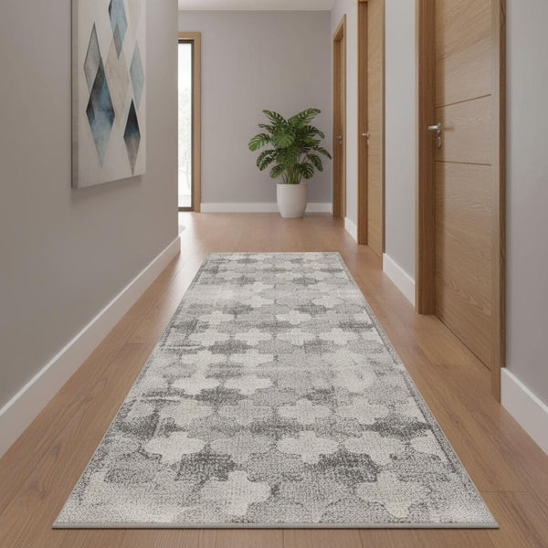 HomeRoots 2' Gray Distressed Trellis Pattern Runner Rug - Stylish, Durable, and Easy to Maintain for Any Space 2' x 15' 390200