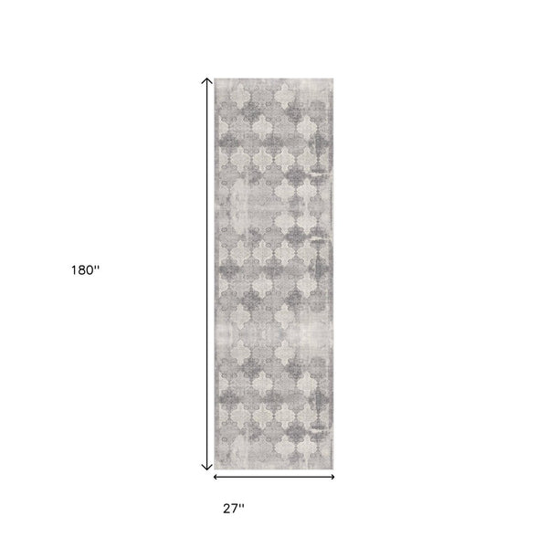 HomeRoots 2' Gray Distressed Trellis Pattern Runner Rug - Stylish, Durable, and Easy to Maintain for Any Space 2' x 15' 390200