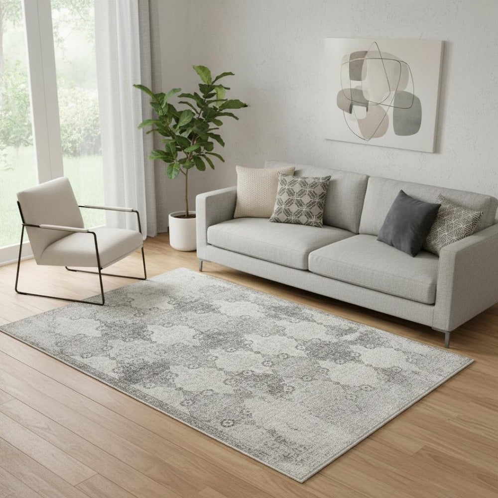 HomeRoots 2' Gray Distressed Trellis Pattern Runner Rug - Stylish, Durable, and Easy to Maintain for Any Space 5' x 8' 390209