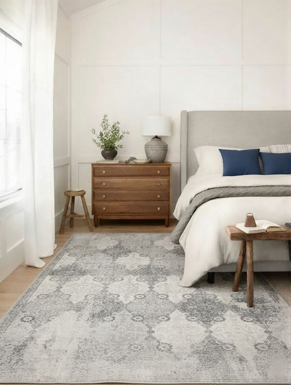 HomeRoots 2' Gray Distressed Trellis Pattern Runner Rug - Stylish, Durable, and Easy to Maintain for Any Space 8' x 11' 390210