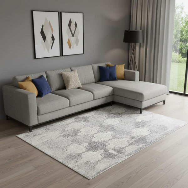 HomeRoots 2' Gray Distressed Trellis Pattern Runner Rug - Stylish, Durable, and Easy to Maintain for Any Space 8' x 11' 390210