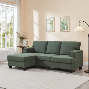 English Elm 86" Linen Sectional Sofa with Storage Ottoman Reversible Chaise for Small Spaces Dark Green W1669S00037