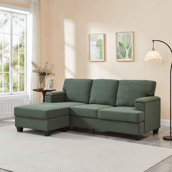 English Elm 86" Linen Sectional Sofa with Storage Ottoman Reversible Chaise for Small Spaces Dark Green W1669S00037