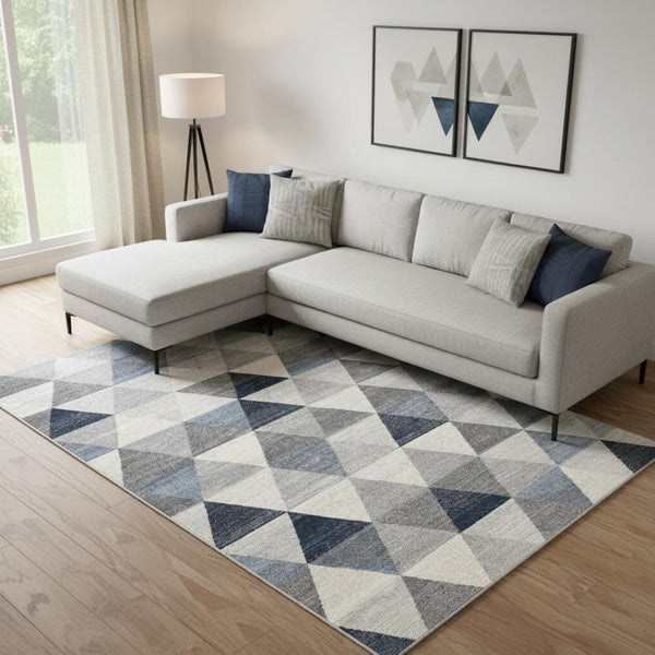 HomeRoots 2' Modern Navy Blue Geometric Diamond Runner Rug - Durable, Soft, and Stylish for Entryways 8' x 11' 390239