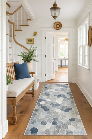 HomeRoots 2' Navy Blue Cobblestone Pattern Runner Rug - Elegant, Durable Design for High-Traffic Spaces 2' x 15' 390243