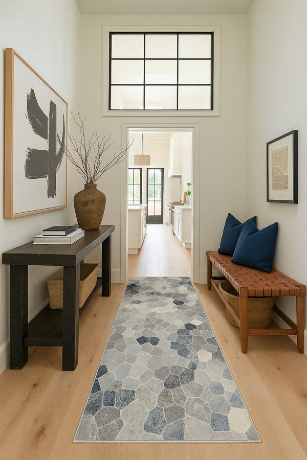 HomeRoots 2' Navy Blue Cobblestone Pattern Runner Rug - Elegant, Durable Design for High-Traffic Spaces 2' x 15' 390243