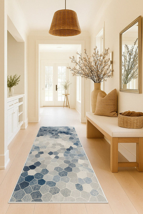HomeRoots 2' Navy Blue Cobblestone Pattern Runner Rug - Elegant, Durable Design for High-Traffic Spaces 2'x 20' 390245