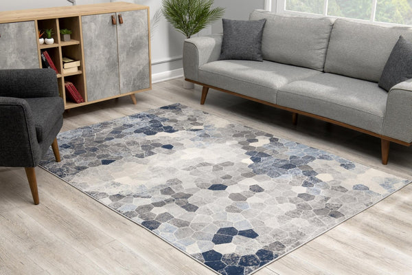 HomeRoots 2' Navy Blue Cobblestone Pattern Runner Rug - Elegant, Durable Design for High-Traffic Spaces 7' x 10' 390253
