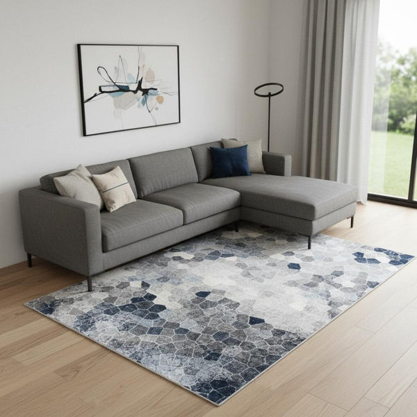 HomeRoots 2' Navy Blue Cobblestone Pattern Runner Rug - Elegant, Durable Design for High-Traffic Spaces 7' x 10' 390253