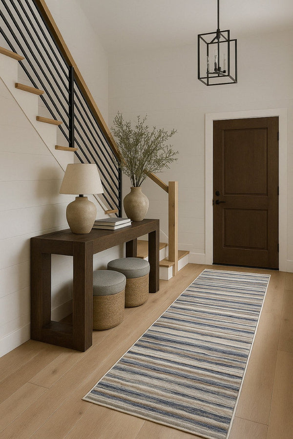 HomeRoots 2' Striking Blue and Beige Distressed Stripes Runner Rug - Modern Style for Hallways and Entryways 2' x 13' 390272