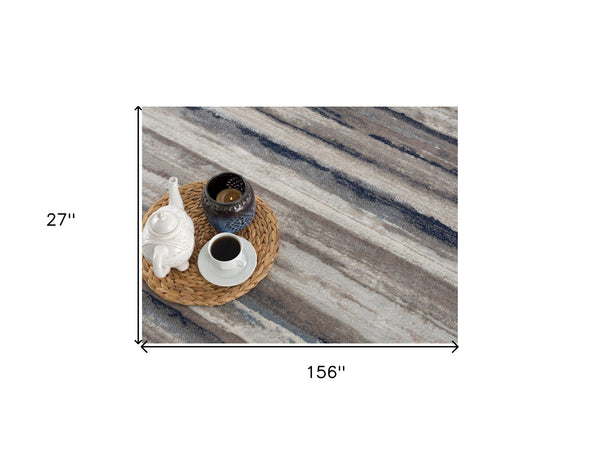 Homeroots 2' X 13' Blue And Beige Distressed Stripes Runner Rug  Polypropylene 390272