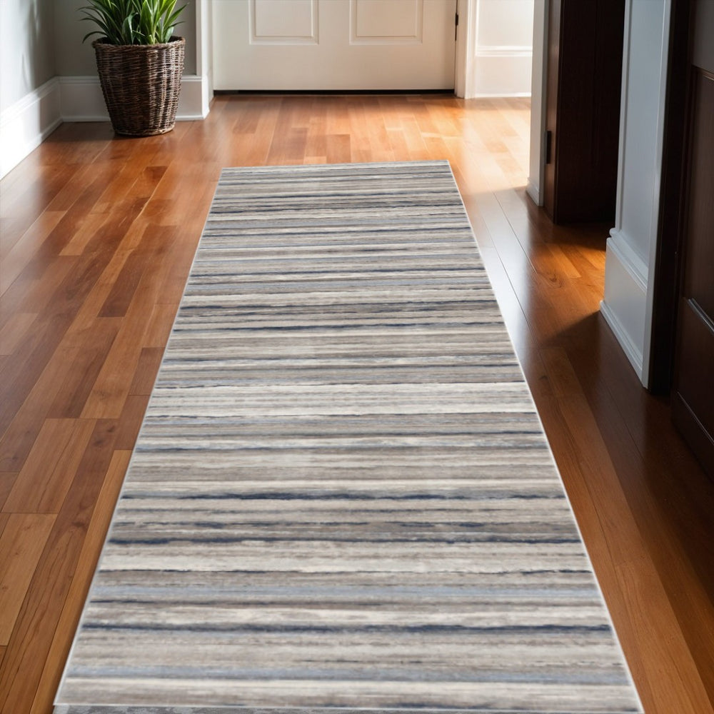 HomeRoots 2' Striking Blue and Beige Distressed Stripes Runner Rug - Modern Style for Hallways and Entryways 2'x 15' 390273