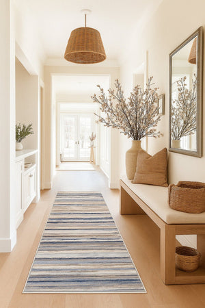 HomeRoots 2' Striking Blue and Beige Distressed Stripes Runner Rug - Modern Style for Hallways and Entryways 2'x 15' 390273