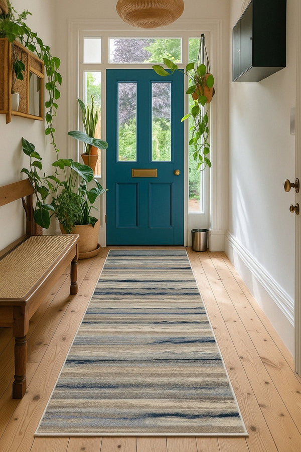 HomeRoots 2' Striking Blue and Beige Distressed Stripes Runner Rug - Modern Style for Hallways and Entryways 2' x 20' 390275