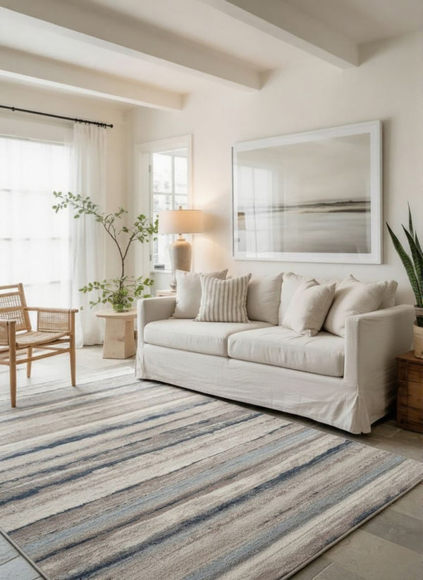 HomeRoots 2' Striking Blue and Beige Distressed Stripes Runner Rug - Modern Style for Hallways and Entryways 5' x 8' 390282