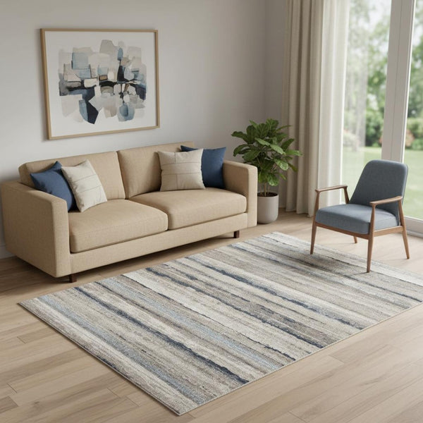 HomeRoots 2' Striking Blue and Beige Distressed Stripes Runner Rug - Modern Style for Hallways and Entryways 5' x 8' 390282