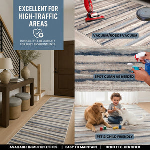 HomeRoots 2' Striking Blue and Beige Distressed Stripes Runner Rug - Modern Style for Hallways and Entryways 8' x 11' 390283