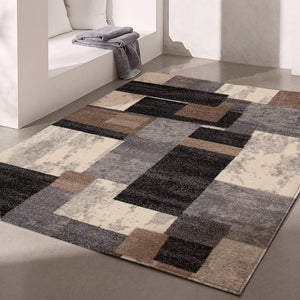 HomeRoots 4' Modern Abstract Geometric Area Rug in Gray, Black, and Brown - Durable, Stain-Resistant Design 4x6 390303