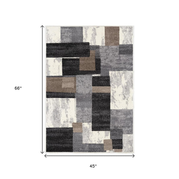 HomeRoots 4' Modern Abstract Geometric Area Rug in Gray, Black, and Brown - Durable, Stain-Resistant Design 4x6 390303