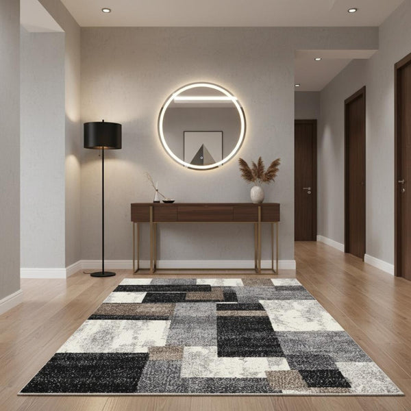 HomeRoots 4' Modern Abstract Geometric Area Rug in Gray, Black, and Brown - Durable, Stain-Resistant Design 4x6 390303