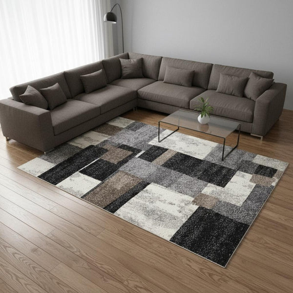 HomeRoots 4' Modern Abstract Geometric Area Rug in Gray, Black, and Brown - Durable, Stain-Resistant Design 7x10 390306