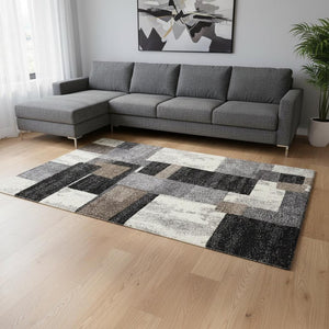 HomeRoots 4' Modern Abstract Geometric Area Rug in Gray, Black, and Brown - Durable, Stain-Resistant Design 7x10 390306
