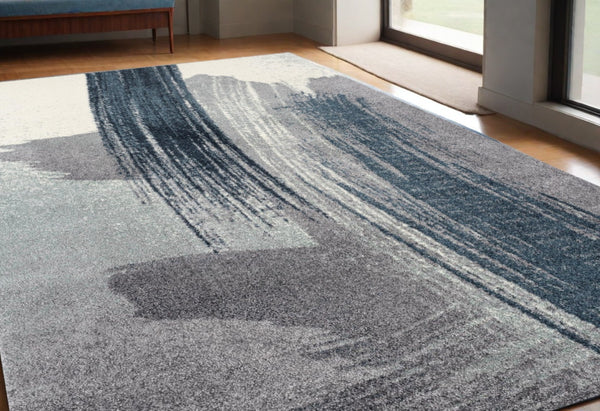 HomeRoots 4' Blue and White Abstract Shag Area Rug - Soft Power Loomed Design for Modern Home Décor and Comfort 5x8 390315