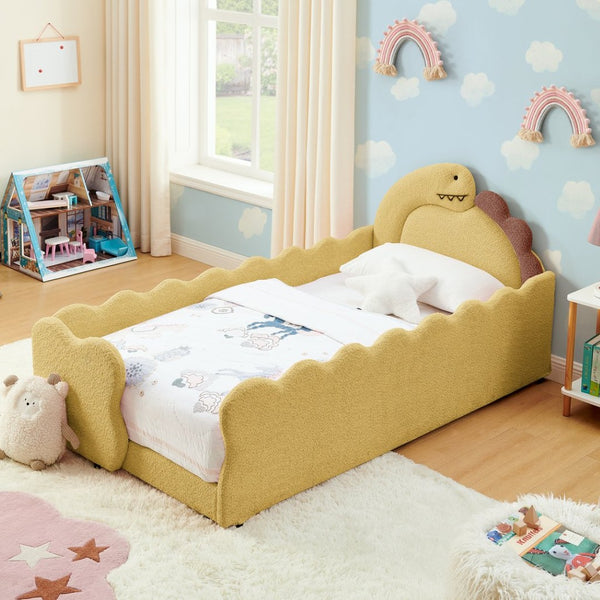 English Elm Twin Dinosaur Boucle Upholstered Kids Bed Solid Wood Frame with Padded Safety Rails Yellow W1413P384916