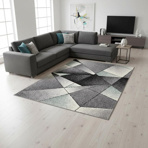 HomeRoots 4' Modern Gray and Blue Prism Pattern Area Rug – Durable, Stylish, and Ideal for High-Traffic Spaces 7x10 390331