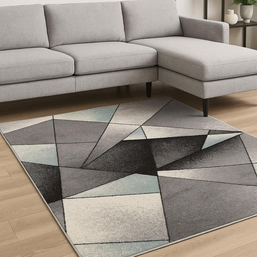HomeRoots 4' Modern Gray and Blue Prism Pattern Area Rug – Durable, Stylish, and Ideal for High-Traffic Spaces 8x11 390332