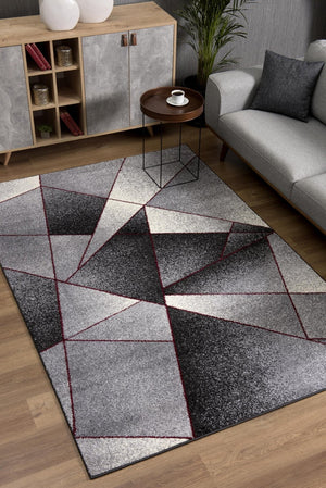 HomeRoots 4' Modern Grey Red Geometric Area Rug - Stylish, Durable Design for Living Rooms and Bedrooms 4x6 390333
