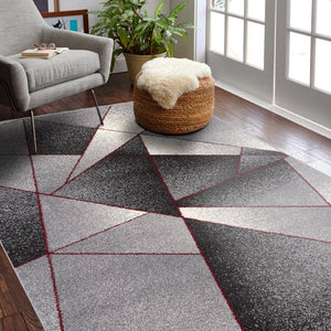 HomeRoots 4' Modern Grey Red Geometric Area Rug - Stylish, Durable Design for Living Rooms and Bedrooms 4x6 390333