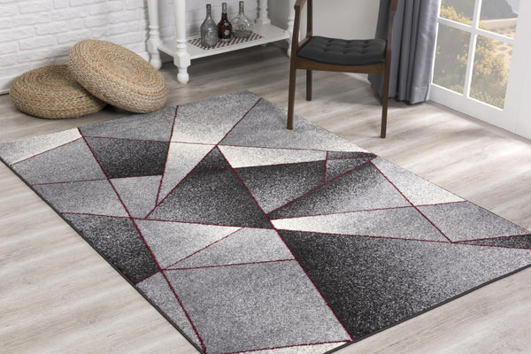 HomeRoots 4' Modern Grey Red Geometric Area Rug - Stylish, Durable Design for Living Rooms and Bedrooms 8x11 390337