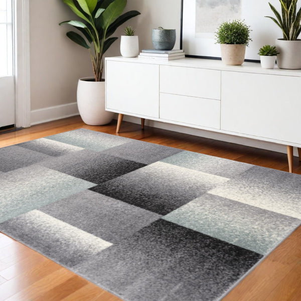 HomeRoots 4' Modern Geometric Area Rug - Stylish Charcoal and Teal Design for Contemporary Home Décor 4' X 6' Rectangle 390338