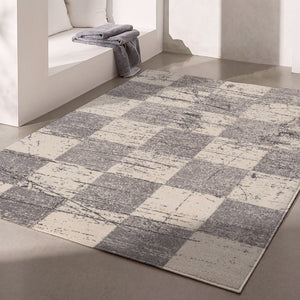 HomeRoots 4' Timeless White and Gray Checkered Area Rug for Stylish Living Spaces, Soft, Durable, and Versatile 5' X 8' Rectangle 390345