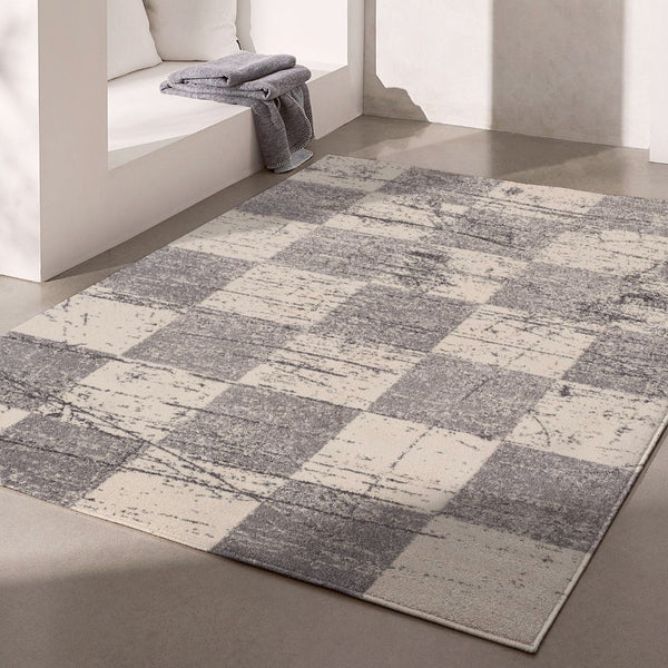 HomeRoots 4' Timeless White and Gray Checkered Area Rug for Stylish Living Spaces, Soft, Durable, and Versatile 5' X 8' Rectangle 390345