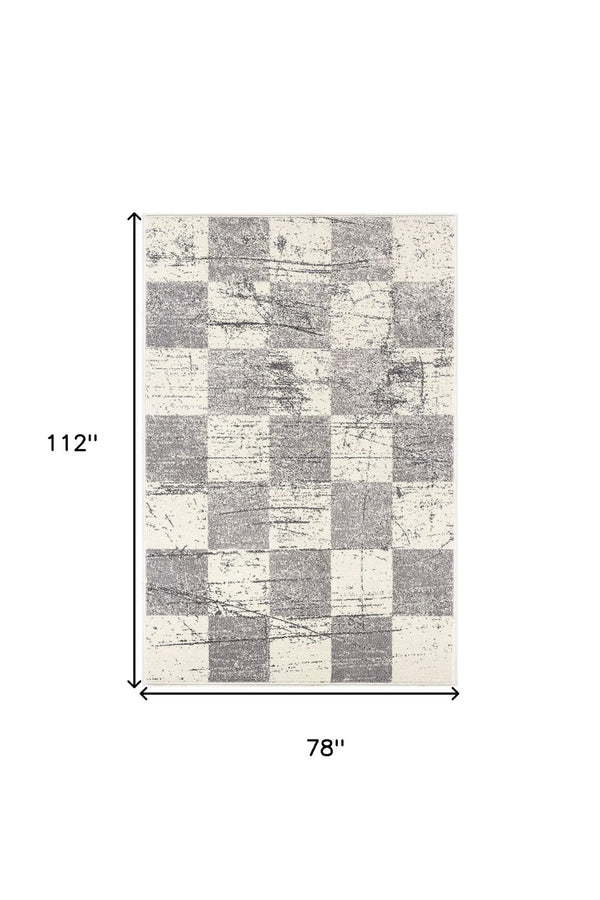 HomeRoots 4' Timeless White and Gray Checkered Area Rug for Stylish Living Spaces, Soft, Durable, and Versatile 7' X 9' Rectangle 390346