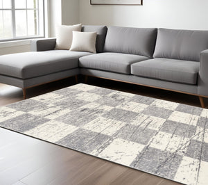 HomeRoots 4' Timeless White and Gray Checkered Area Rug for Stylish Living Spaces, Soft, Durable, and Versatile 8' X 11' Rectangle 390347