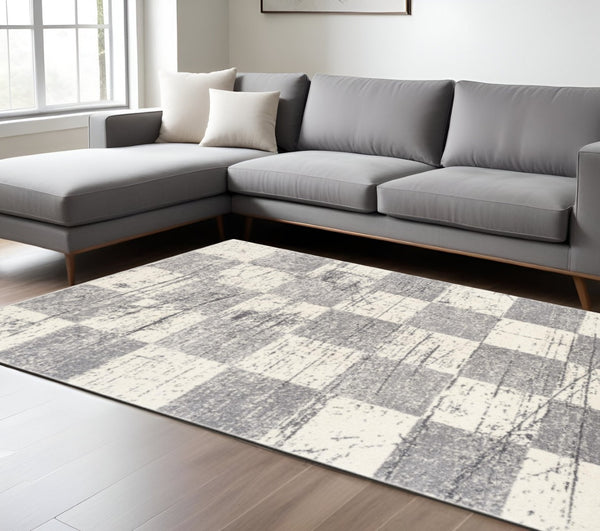 HomeRoots 4' Timeless White and Gray Checkered Area Rug for Stylish Living Spaces, Soft, Durable, and Versatile 8' X 11' Rectangle 390347