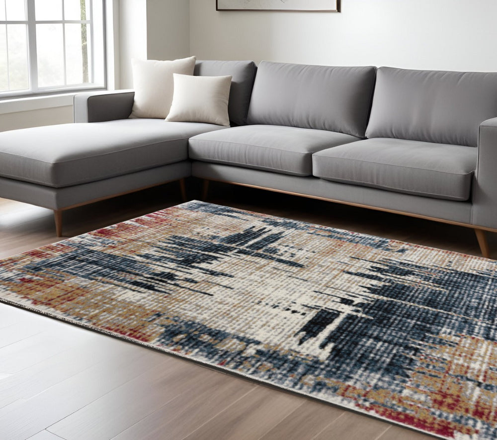 HomeRoots 4' Transform Your Space with a Blue and Ivory Abstract Area Rug for Modern Elegance and Durability 7' X 9' 390374