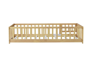 English Elm Twin Size Rubberwood Floor Bed with Safety Fence for Toddler Rooms Natural Finish W504P370531