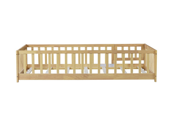 English Elm Twin Solid Rubberwood Floor Bed with Full Perimeter Safety Rails for Toddler Rooms Natural W504P296778
