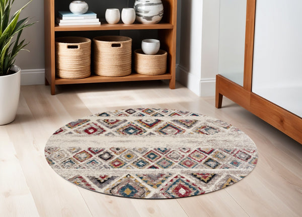 HomeRoots 4' Cream Southwestern Area Rug – Stylish, Durable Design for Living Rooms, Hallways & Dining Areas 5' Round Round 390380