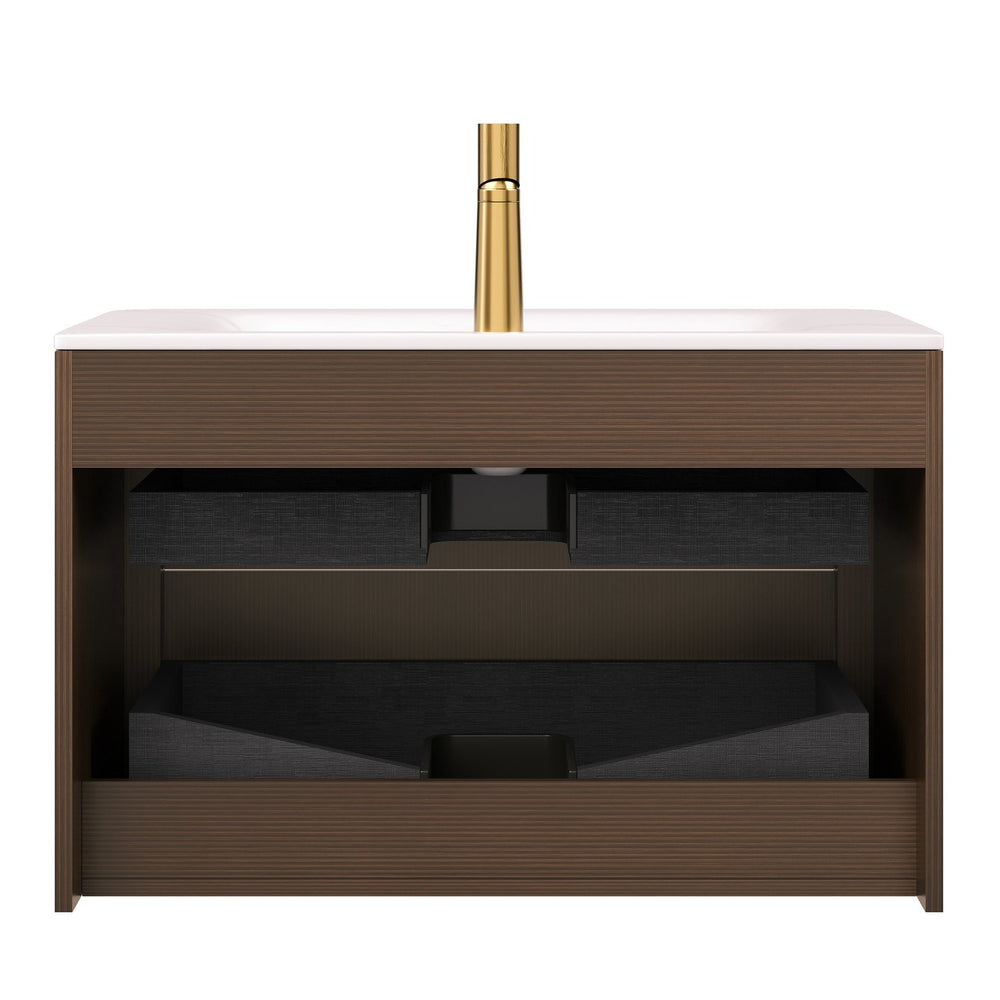 English Elm ZANE Floating Bathroom Vanity 33" with Hot-Press Sintered Stone Basin, Ultra-Slim Plywood Drawers, Walnut W2615P364801