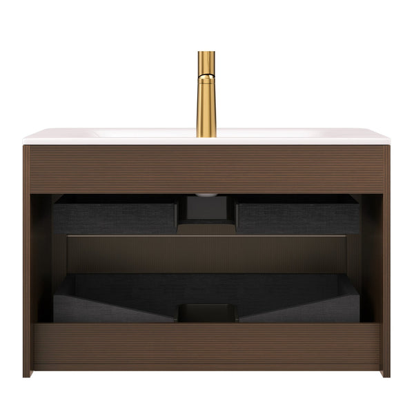 English Elm ZANE Floating Bathroom Vanity 33" with Hot-Press Sintered Stone Basin, Ultra-Slim Plywood Drawers, Walnut W2615P364801