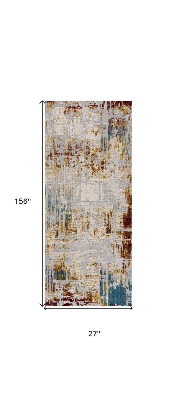 HomeRoots 13' Luxurious Beige and Gold Abstract Shag Runner Rug - Soft, Durable, Perfect for Hallways and Entryways 2' x 13' 390450